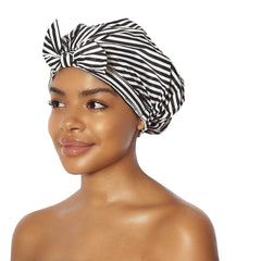 Tubi - Stylish Black and White Stripe Pattern Bow Shower Cap with Adjustable Elastic Band for Long and Thick Hair