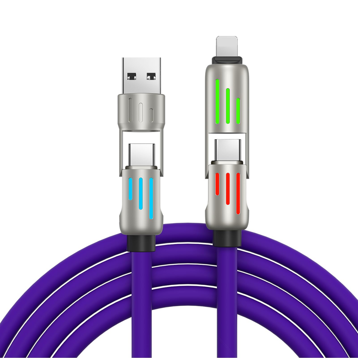 LuminX™ 4-in-1 Universal Cable 240W Fast Charging + Data Sync Premium Silicone Compatible with iPhone, Samsung, Laptop – 4FT